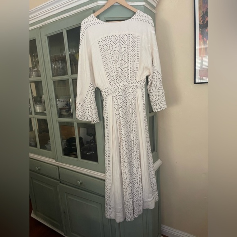 Free people bohemian printed v neck bell‎ sleeve flowy mid length dress w/ tie - Picture 7 of 12